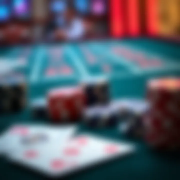 Close-up of baccarat cards and chips on a gaming table