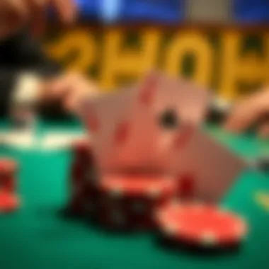 Close-up view of Baccarat cards and chips during a game.