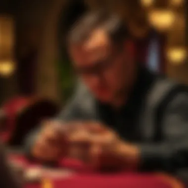 Player Analyzing Their Cards A focused player studying their cards with a thoughtful expression